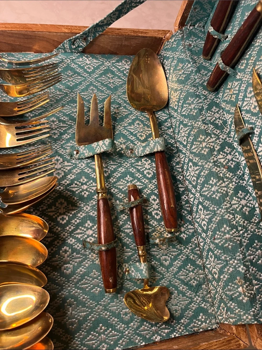 Vintage brass flatware 29 pieces rosewood handles.  Wood  handled chest Bangkok